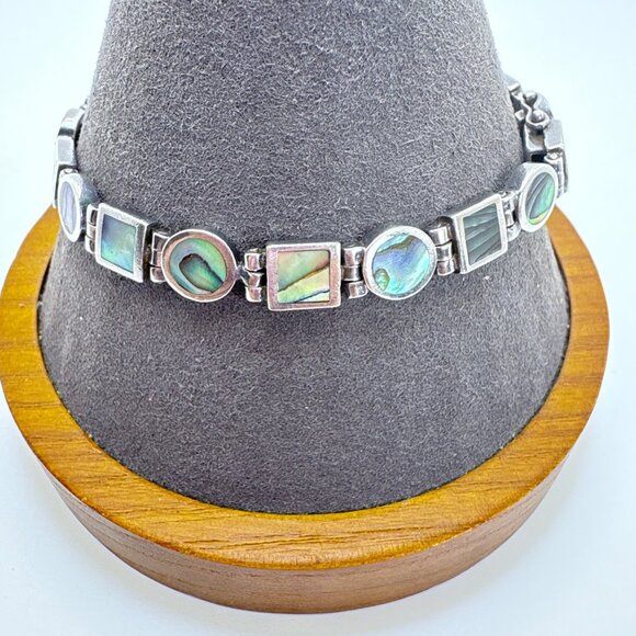 VTG Sterling Silver 925 Abalone Bezel Set Tennis Bracelet Size 7.75" Length - Picture 1 of 8